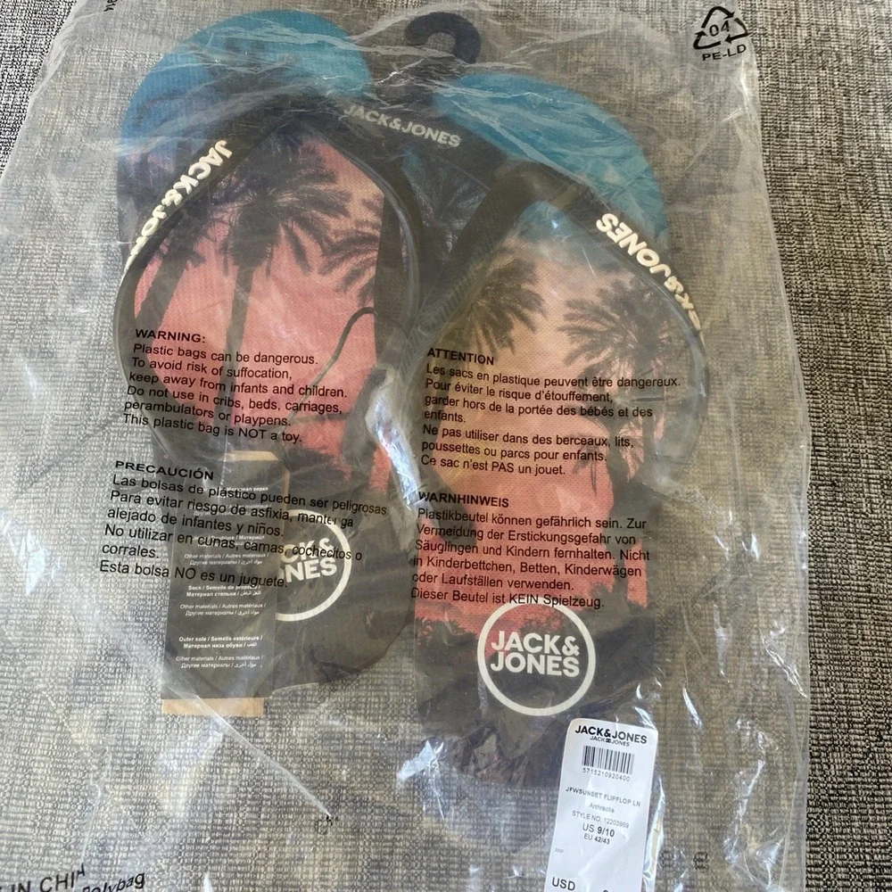 New Jack & Jones Mens Sz 9/10 Flip Flops Black Beach Scene Surfer  Palm Tropical